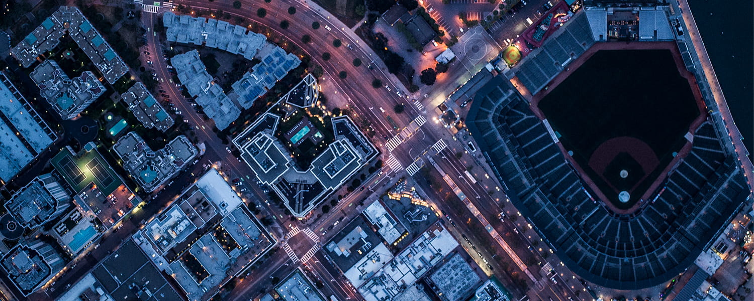 Aerial view of a city at night.