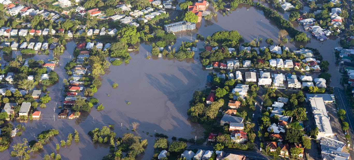 Aerial view of a flooded town.