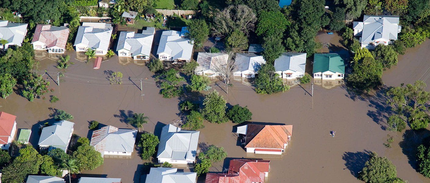 Aerial view of flooded houses