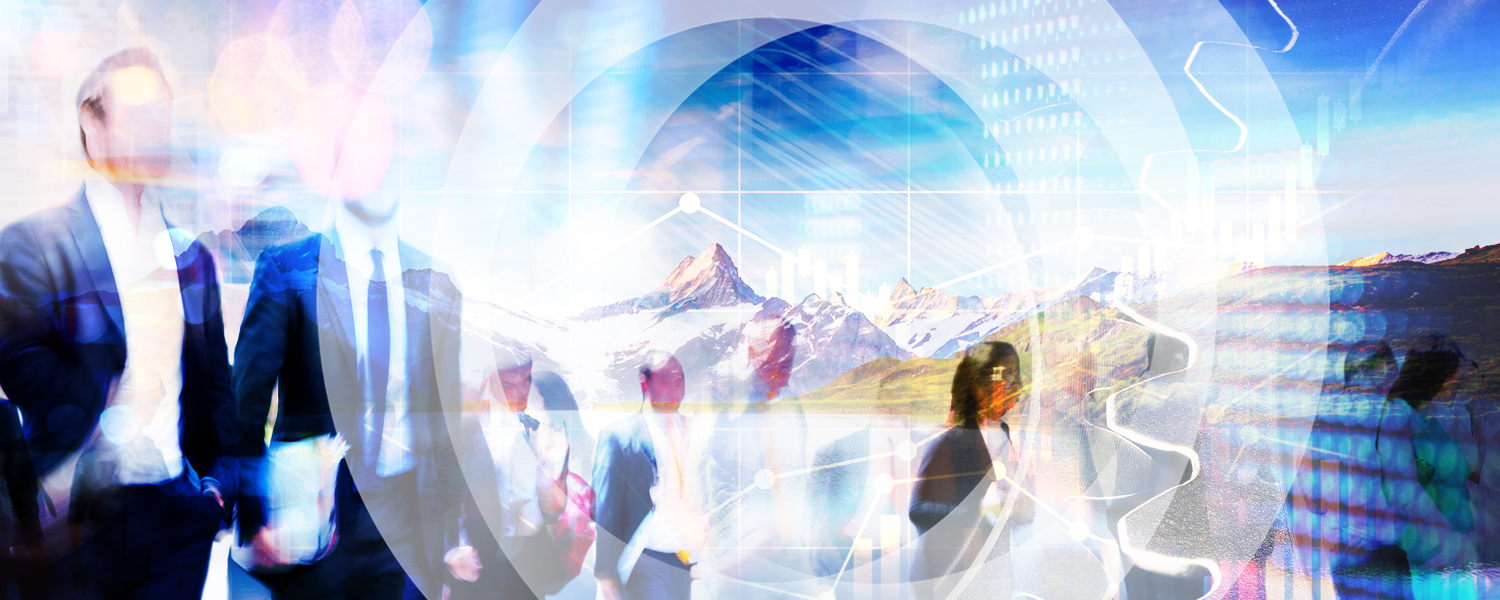 Collage of business people in suits and a snow-capped mountain range